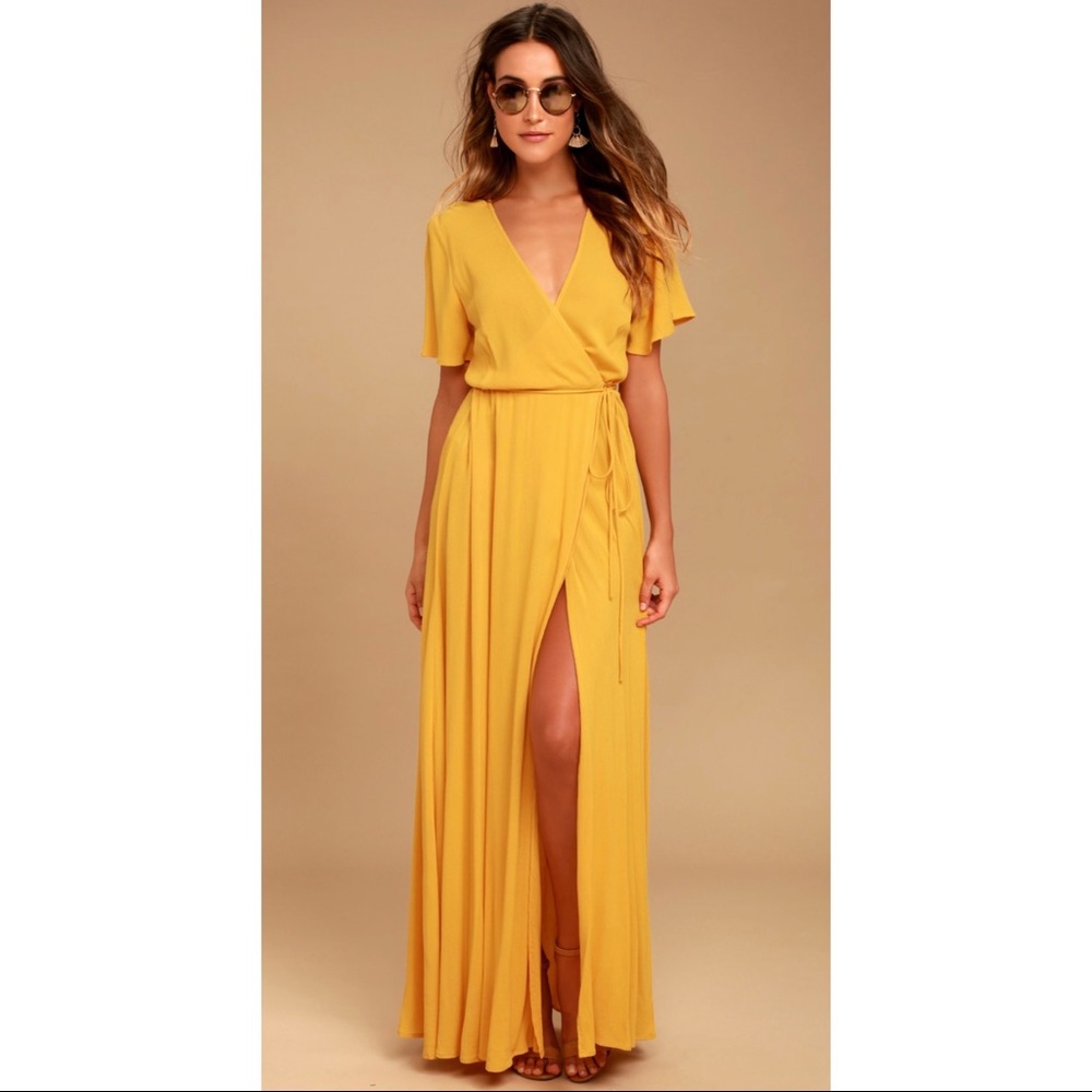 Lulu’s Much Obliged Golden Yellow Wrap Maxi Dress